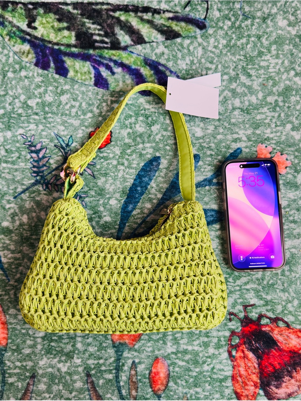 H&M Woven Straw Mini Bright Lime Green Crochet Shoulder Bag